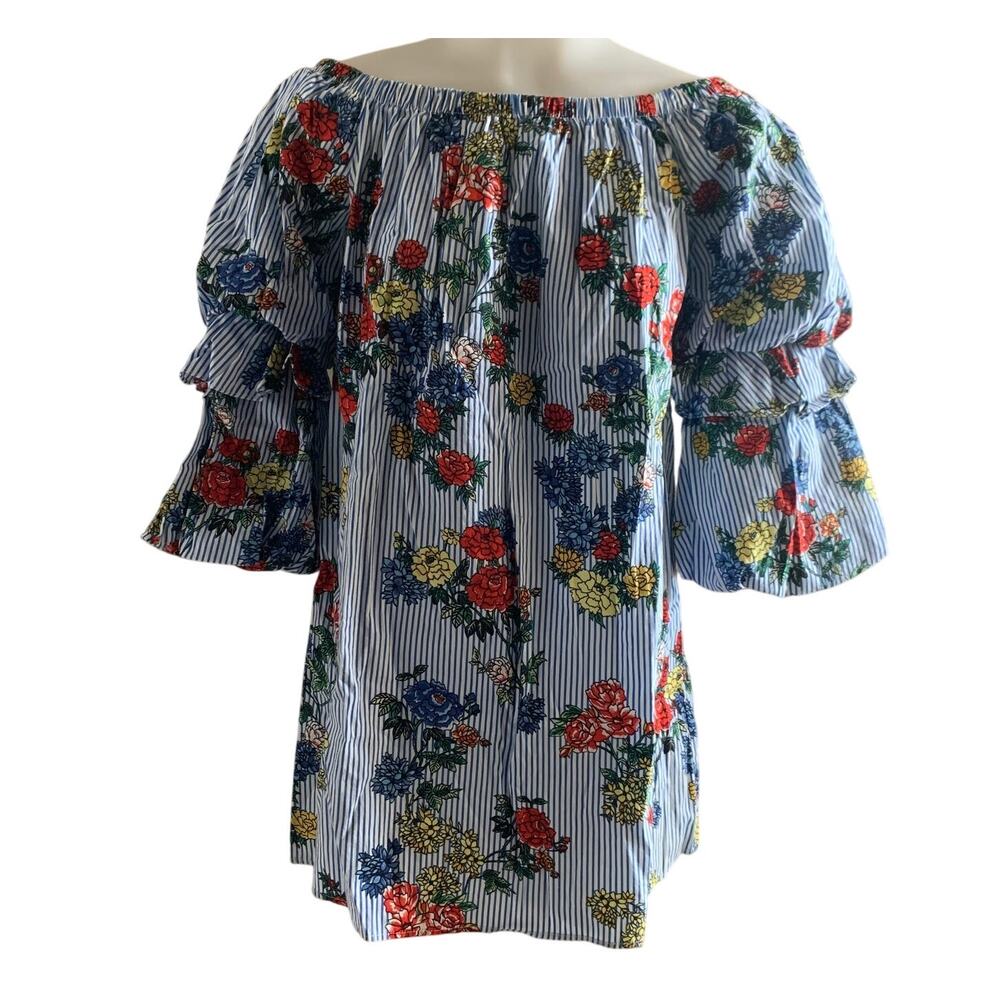 Obsessive Love Womens Medium Off Shoulder Blue Stripe Floral Tiered Sleeve Dress